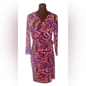 ANNE KLEIN Vivid Multicolor Paisley Long Sleeve Wrap Dress Size 10